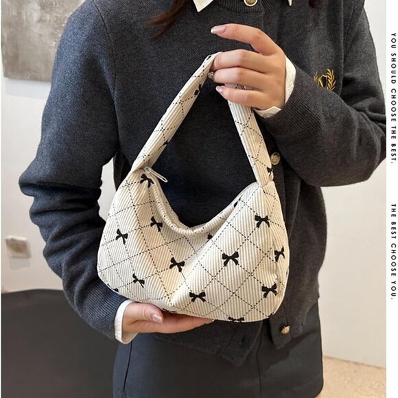 Women's Corduroy Bow Print Tote Bag Small Shoulder Handbag Travel Wallet - Picture 7 of 7